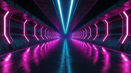 neon glowing lines in a dark tunnel technology backgroundの素材