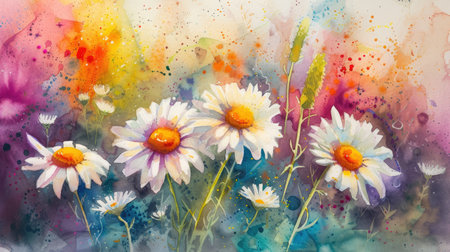 watercolor painting of Chamomiles daisies in summer spring fieldの素材