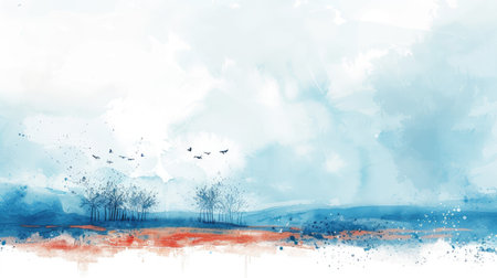 minimalist watercolor painting of Spring panoramic landscapeの素材