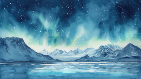 watercolor painting of Aurora borealis over the sea with snowy mountainsの素材