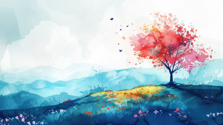 minimalist watercolor painting of Spring panoramic landscapeの素材