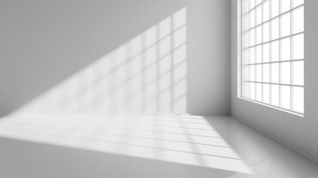 Abstract white studio background, empty gray room with shadows of windowの素材