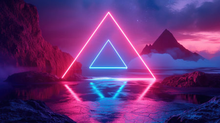 extraterrestrial landscape with neon triangular geometric frame backgroundの素材