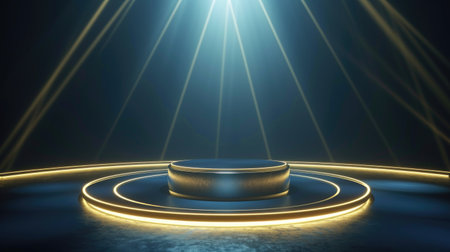 Abstract futuristic 3d golden ring circles with spotlight on blue stage backgroundの素材