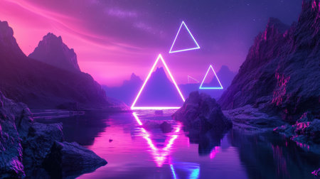 extraterrestrial landscape with neon triangular geometric frame backgroundの素材