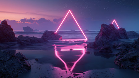 extraterrestrial landscape with neon triangular geometric frame backgroundの素材