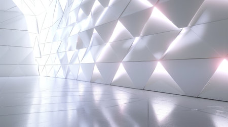 3D Elegant white futuristic light and reflection triangle wall backgroundの素材