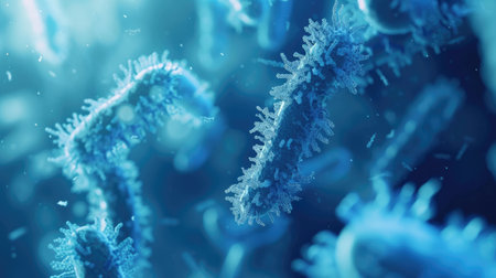 Macro close up shot of blue bacteria and virus cells in a scientific laboratoryの素材