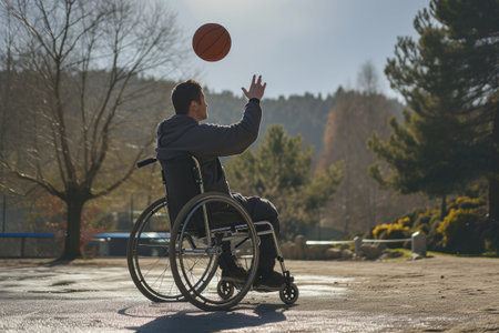 A disabled man in a wheelchair plays basketballの素材
