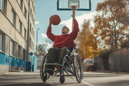 A disabled man in a wheelchair plays basketballの素材