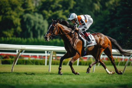 Jockey at horse racing competition going towards finish lineの素材
