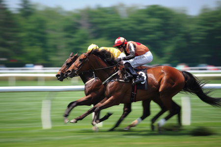 Jockey at horse racing competition going towards finish lineの素材