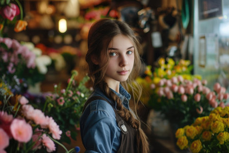 young female florist in the flower shopの素材