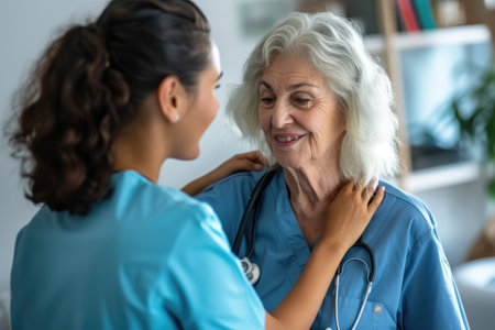 Female nurse using a stethoscope on a senior woman in the doctors officeの素材