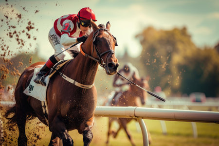 Jockey at horse racing competition going towards finish lineの素材