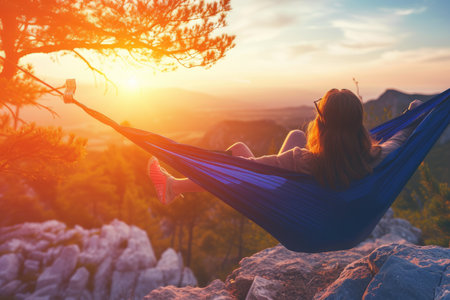 Woman hiker resting after climbing in a hammock at sunsetの素材