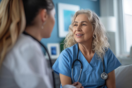 Female nurse using a stethoscope on a senior woman in the doctors officeの素材