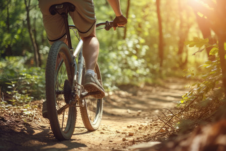 Young man riding bicycle on mountain trail sportの素材
