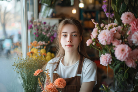 young female florist in the flower shopの素材