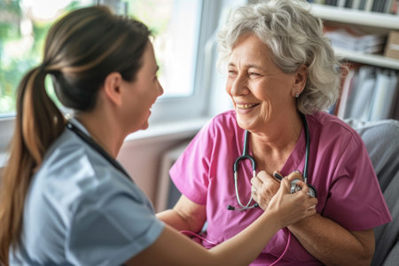 Female nurse using a stethoscope on a senior woman in the doctors officeの素材