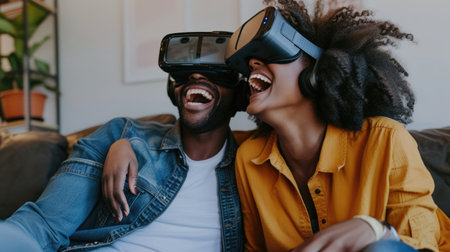 Couple using VR glasses on couch sofa in the domestic houseの素材