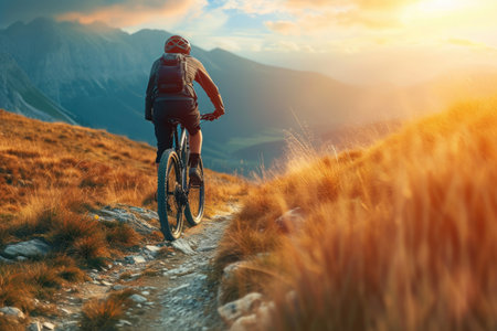 Young man riding bicycle on mountain trail sportの素材