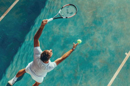 Tennis player hitting a serve in the courtの素材