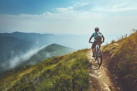 Young man riding bicycle on mountain trail sportの素材