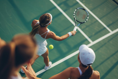 Two female friend playing tennis in the courtの素材