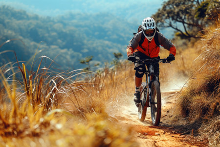 Young man riding bicycle on mountain trail sportの素材