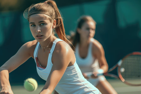 Two female friend playing tennis in the courtの素材