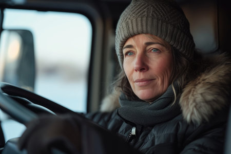 Middle aged female truck driver on the roadの素材