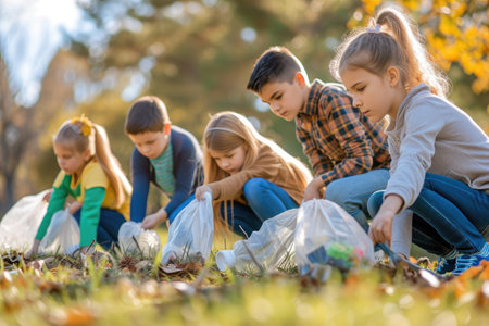 group of elementary school students picking up trash in the parkの素材