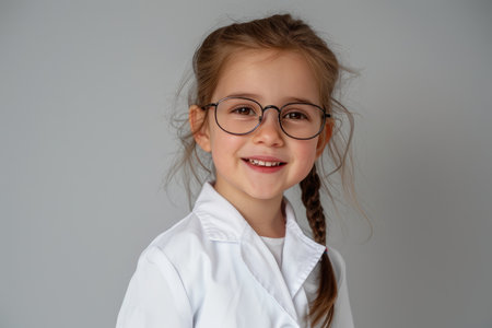 Happy cute little preschooler girl in white medical uniform and glasses act like doctorの素材