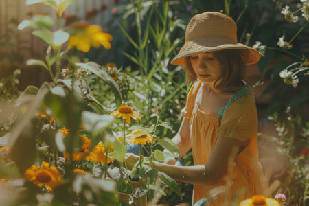 a Girl watering plants in gardenの素材