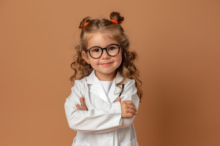 Happy cute little preschooler girl in white medical uniform and glasses act like doctorの素材