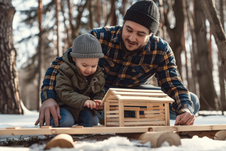Father with toddler son building wooden houseの素材