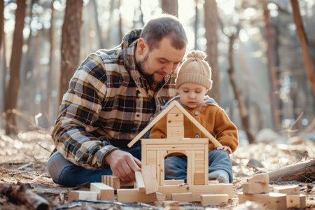 Father with toddler son building wooden houseの素材