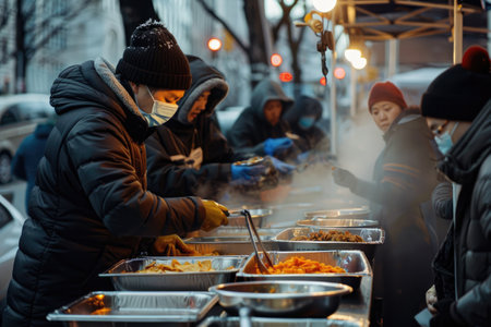 volunteers distributing warm meals in a street kitchen for the homelessの素材