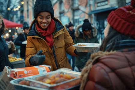 volunteers distributing warm meals in a street kitchen for the homelessの素材