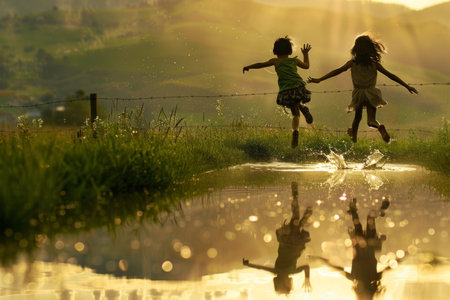 children jump into a rain puddle in green fieldの素材