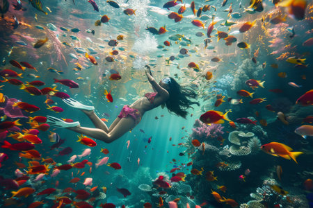 a diver exploring a vibrant coral reef with colorful fishの素材