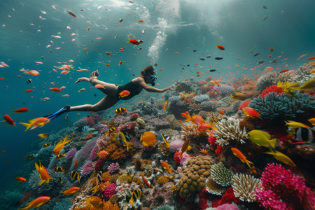 a diver exploring a vibrant coral reef with colorful fishの素材