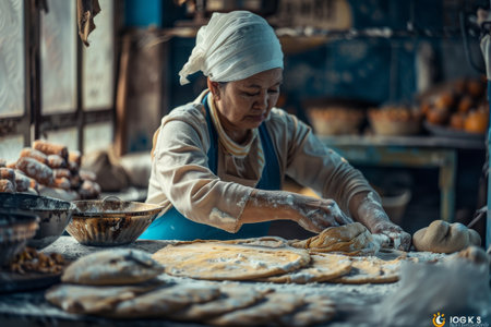 a baker shaping dough in a traditional bakeryの素材