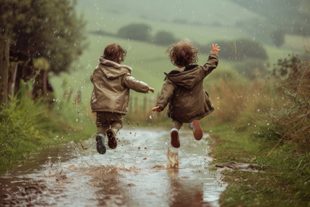 children jump into a rain puddle in green fieldの素材