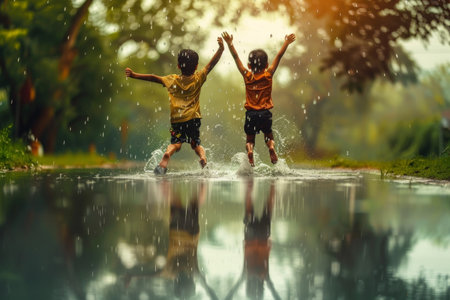 children jump into a rain puddle in green fieldの素材