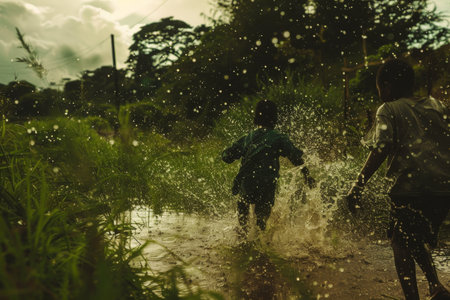 children jump into a rain puddle in green fieldの素材