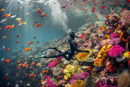 a diver exploring a vibrant coral reef with colorful fishの素材