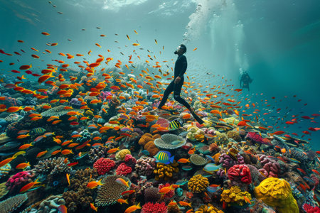 a diver exploring a vibrant coral reef with colorful fishの素材