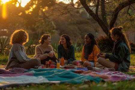 group of diverse friends picnic in a park at sunsetの素材